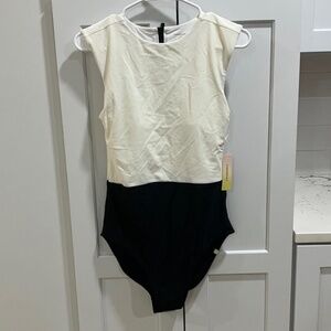 NWT Summersalt Swim High Neck One Piece Cream Black Swimsuit Zipper Rashguard